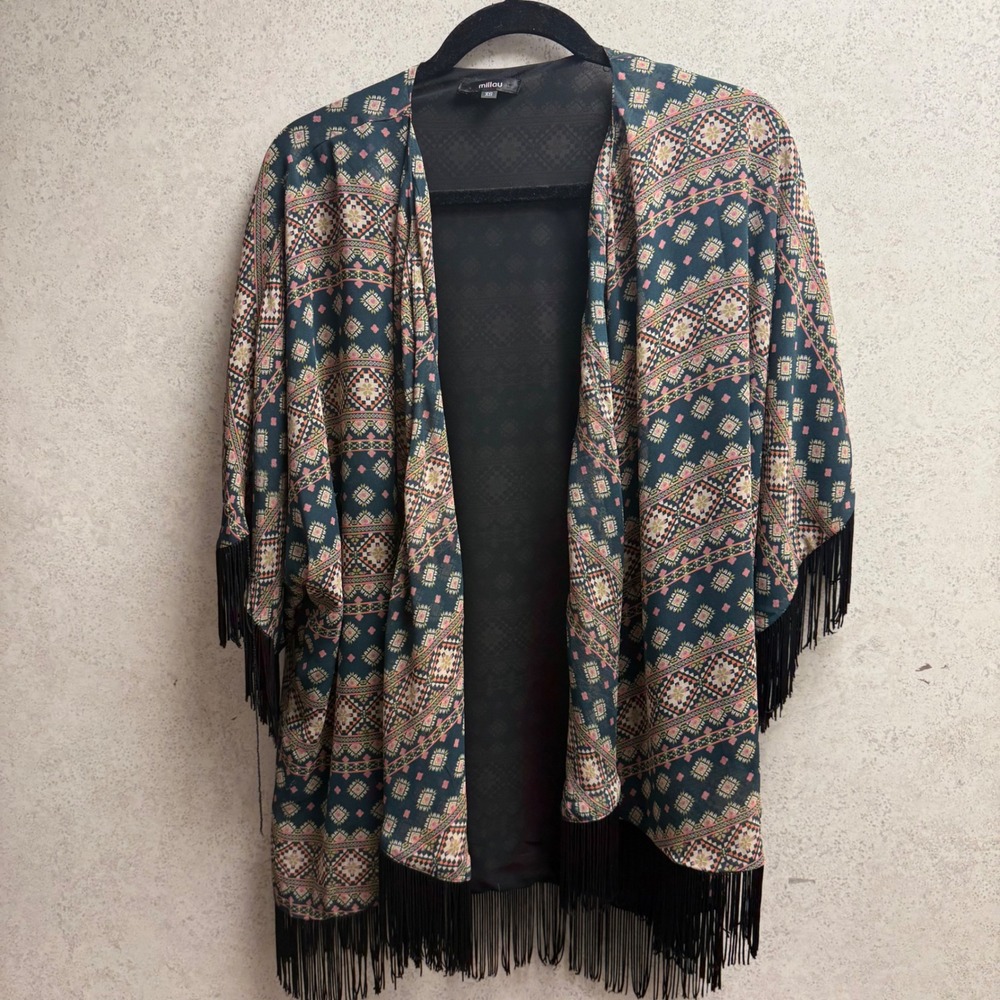 Millou XS Womens Black Fringe Open OverSized‎ Front Aztec Boho Festival Kimono